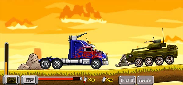 Optimus Breakout: Optimus destroys enemy tank! image of Optimus Prime truck destroys enemy tank