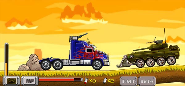 image of Optimus Prime truck destroys enemy tank